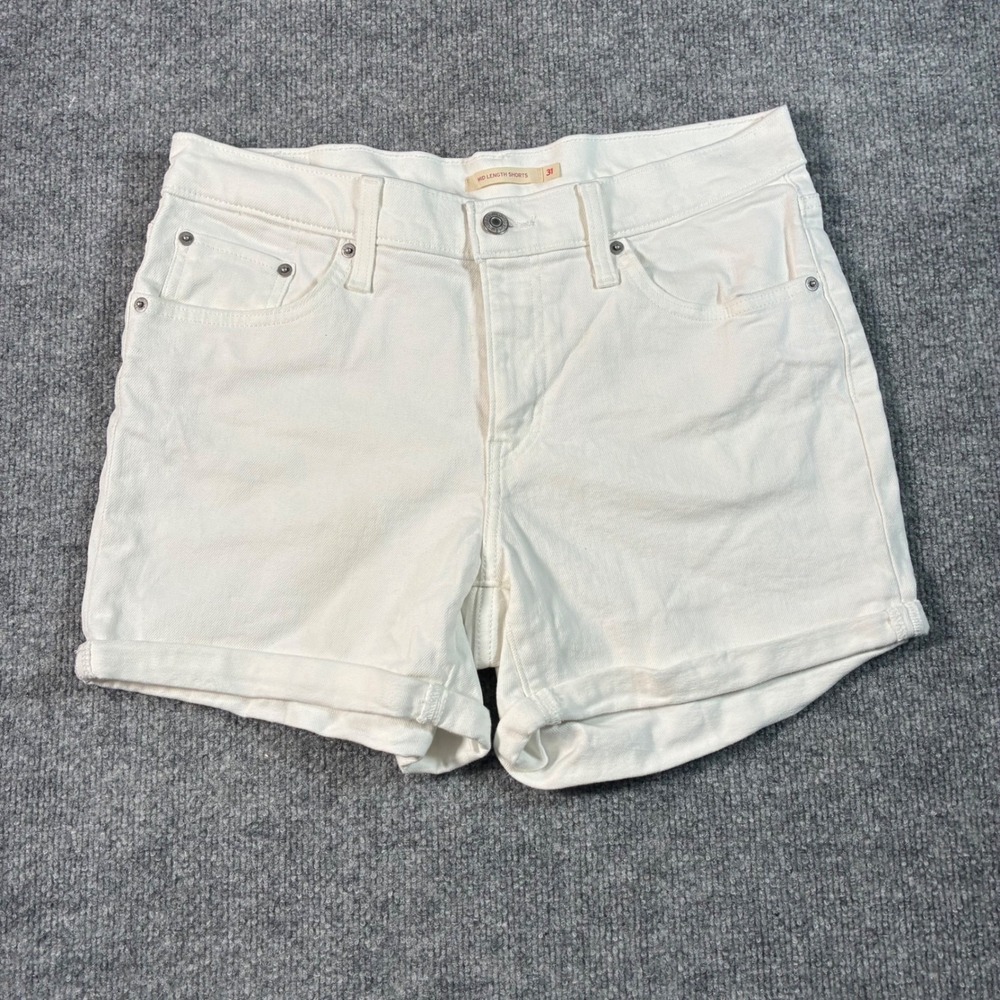 Levi's Mid Length Shorts Womens 31 White Denim Cuffed Stretch Mid Rise Zip Fly